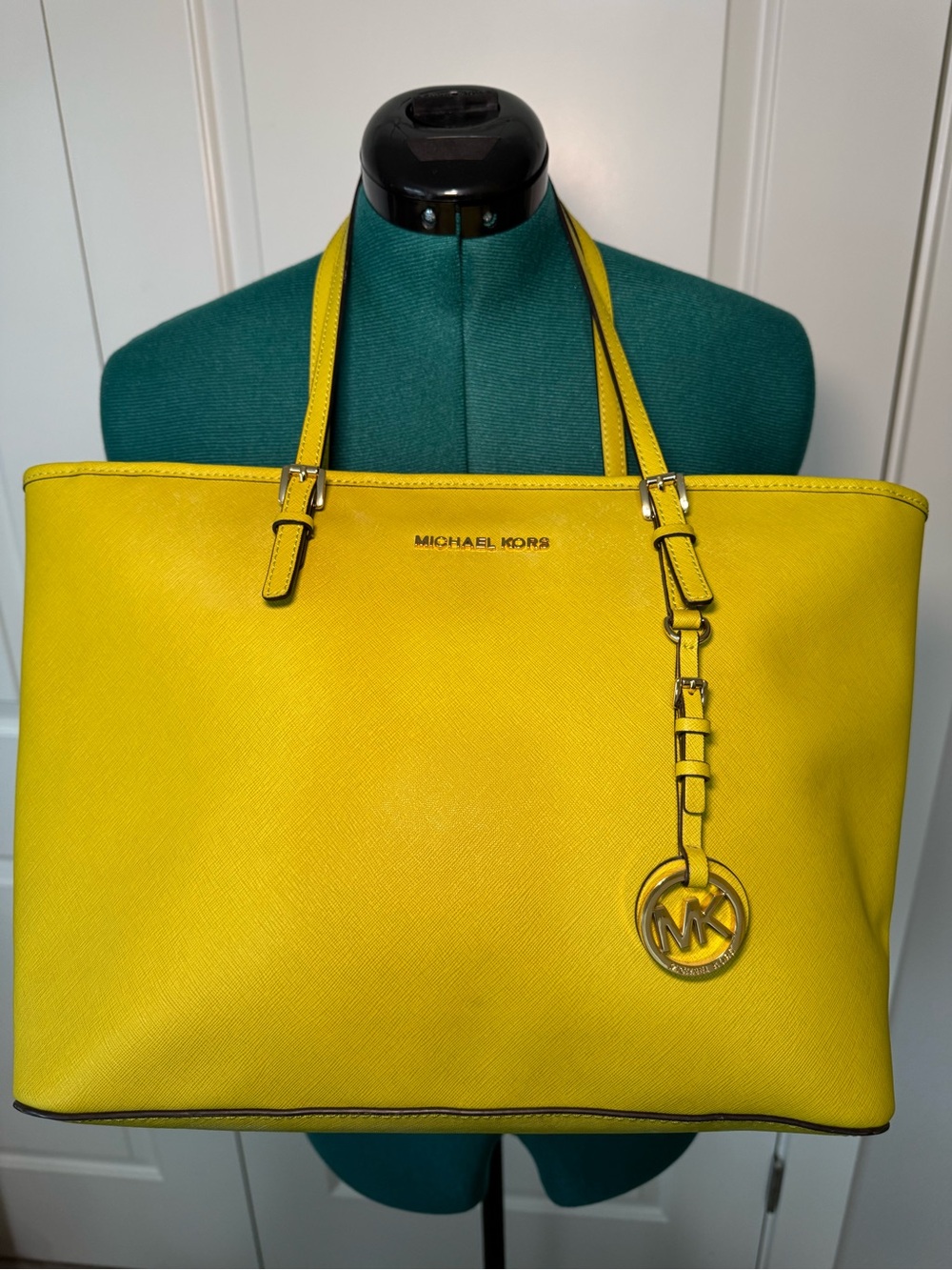 Michael Kors Bright Chartreuse Saffiano Leather Tote with MK Charm